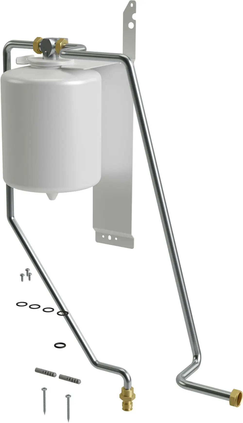 Bosch Warmwasser-Ausdehungsgefäß mit Metallrohren und Halterung. Zubehörteile wie Schrauben und Dichtungsringe sind im Bild sichtbar.